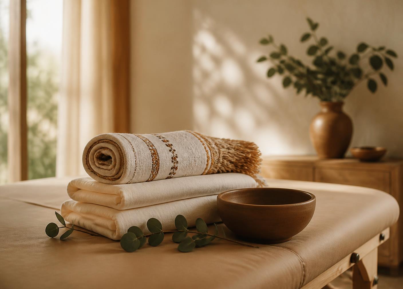 Folded linens and a woven textile on a bodywork table in a sunlit room